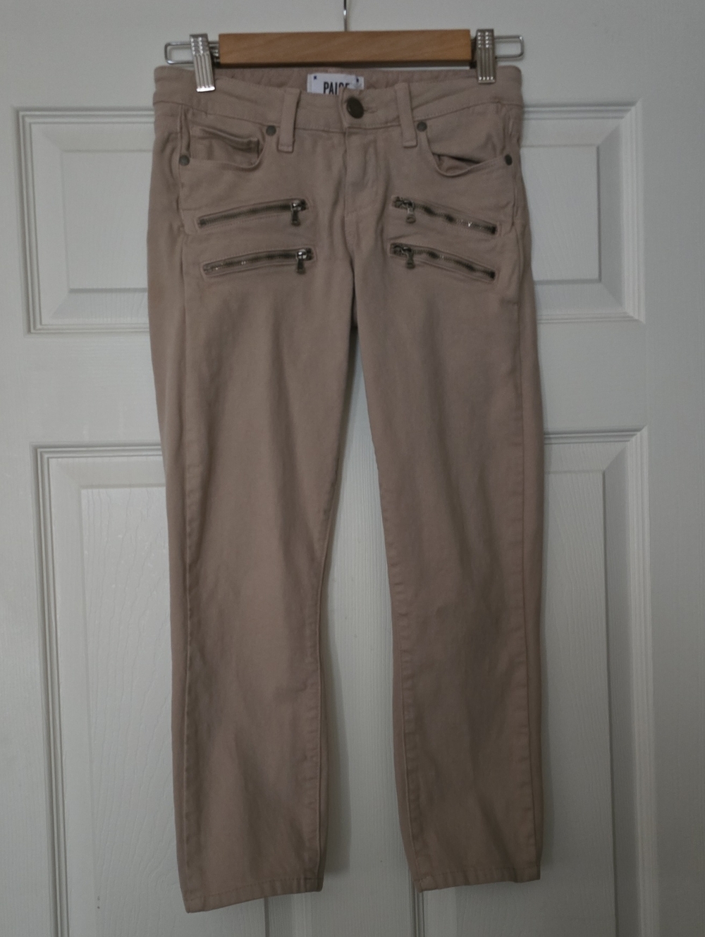 PAIGE Neutral Beige Pants Silver Zipper Details women’s size 0 size 25 Edgemont